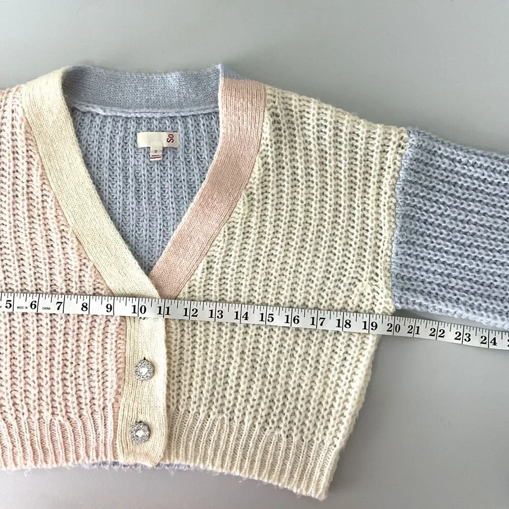 SO Pastel Color Block Cropped Cardigan Size S Rhinestone Clueless 90s Y2K